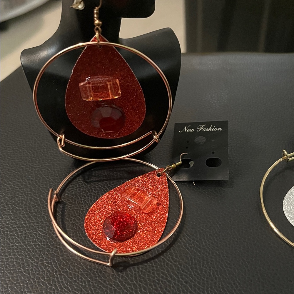 Sparkling Red Teardrop Earrings with Gold Hoops